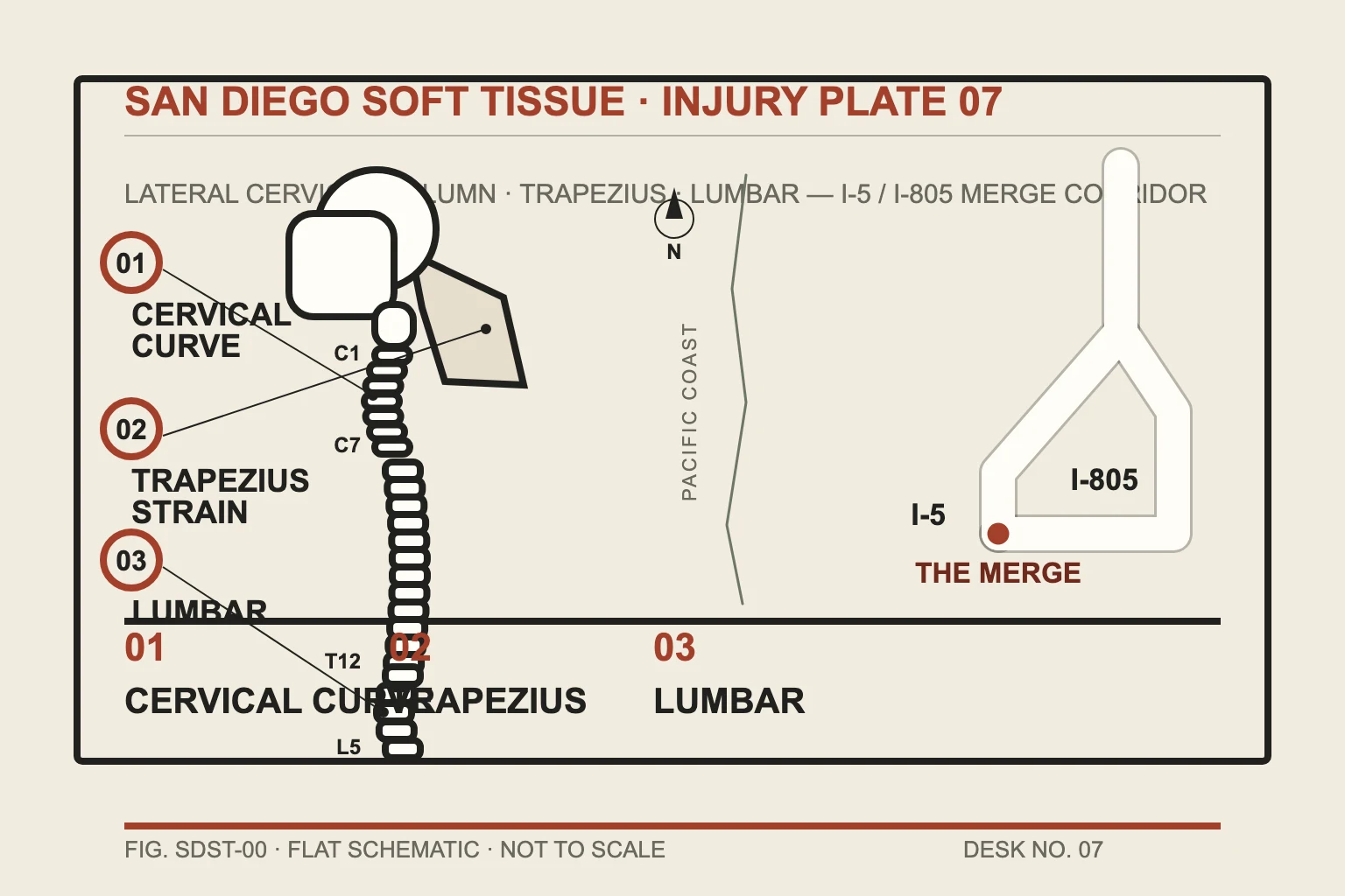 The San Diego soft-tissue plate: geometric lateral cervical spine with trapezius and lumbar callouts, and the I-5/I-805 corridor with the merge marked in red